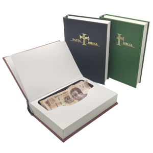BIBLIA DE SEGURIDAD, -Parece una Biblia común.
-Compartimento secreto en su interior.
-Puede contener hasta 150 billetes o cualquier objeto de valor.